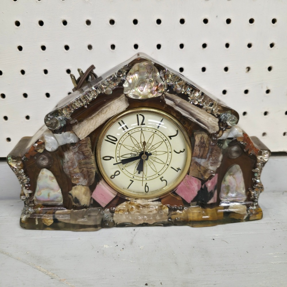 Vintage Lanshire Resin Mantel Clock Abalone Shell Stone Inlay Mid Century Modern